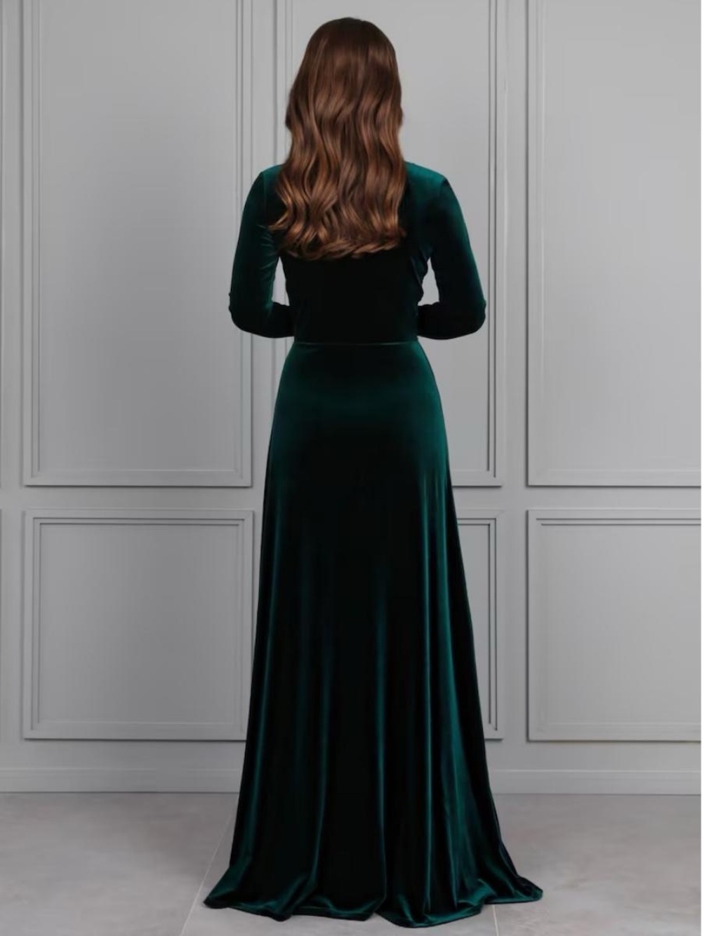 Shirees A-Line/Princess V-Neck Long Sleeve Velvet Floor-Length Evening Dress - Picture 2 of 11